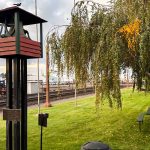 Ritzville WA 26 A small outdoor park in Ritzville, WA, features a railroad bell structure, green grass, picnic tables, and a large tree with drooping branches beside train tracks under a cloudy sky.